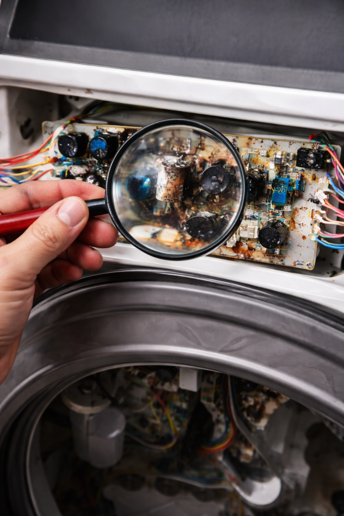 Hand holding magnifying glass over circuit