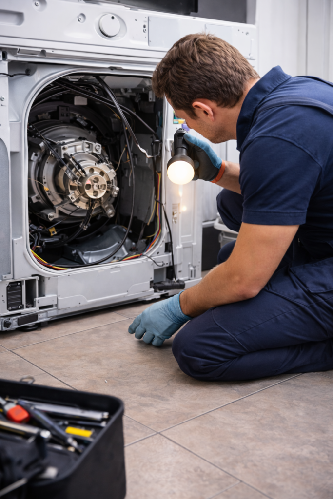 Technician repairing a washing machine.